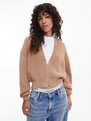 Brown Calvin Klein Organic Cotton Zip Up Cardigan Women Sweater | OJWX-52780