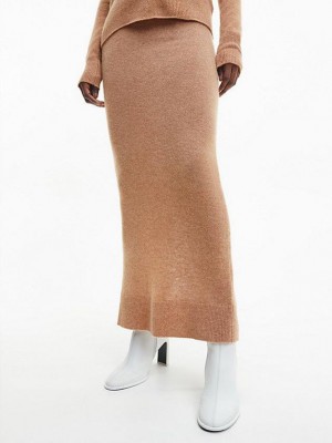 Brown Calvin Klein Recycled Wool Midi Women Skirt | IVQR-45809