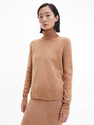 Brown Calvin Klein Recycled Wool Roll Neck Jumper Women Sweater | YHCD-32504