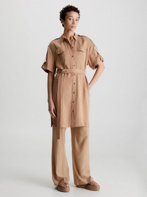 Brown Calvin Klein Relaxed Tencel Linen Shirt Women Dress | LPAI-10749