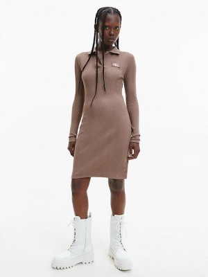 Brown Calvin Klein Rib-Knit Long Sleeve Polo Women Dress | VHMI-98657