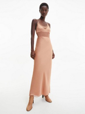 Brown Calvin Klein Slim Sheer Layered Slip Women Dress | ABUX-96310