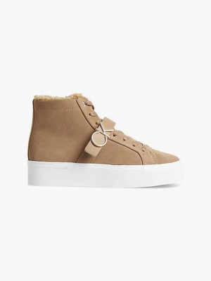 Brown Calvin Klein Suede Platform High-Top Women Sneakers | MAYC-15432