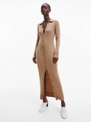 Brown Calvin Klein Wool Lyocell Ribbed Women Dress | MBLU-89765