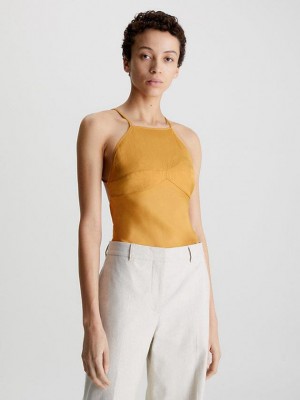 Gold Calvin Klein Slim Halter Tank Women Top | UISR-10834