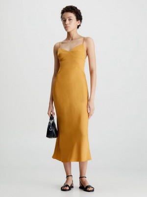 Gold Calvin Klein Slim Midi Satin Slip Women Dress | VYIK-73546