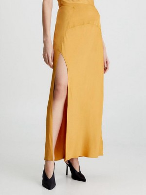 Gold Calvin Klein Slim Satin Maxi Women Skirt | ROTV-82501