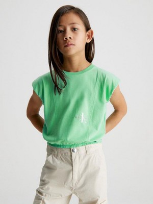 Green Calvin Klein Cap Sleeve Logo Girls's T-Shirt | UZBC-43205