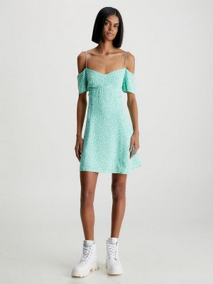 Green Calvin Klein Crepe Off-Shoulder Mini Women Dress | SLIC-23084