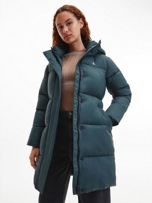 Green Calvin Klein Nylon Belted Puffer Women Coat | WTLO-07912