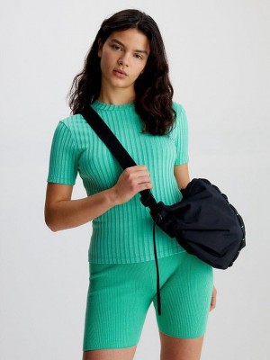 Green Calvin Klein Ribbed Jersey Women T-Shirt | QSBR-24197