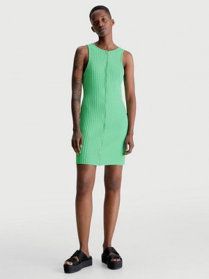 Green Calvin Klein Ribbed Zip-Through Mini Women Dress | NAKB-60481