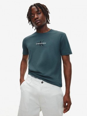 Green Calvin Klein Slim Organic Cotton Logo Men T-Shirt | RHDA-76251