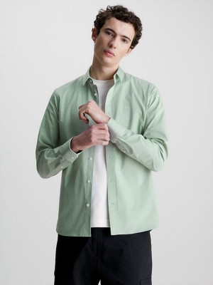 Green Calvin Klein Slim Poplin Stretch Men Shirts | QOWA-80641