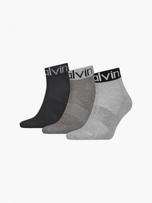 Grey Calvin Klein 3 Pack Logo Ankle Men Socks | IMBQ-41723