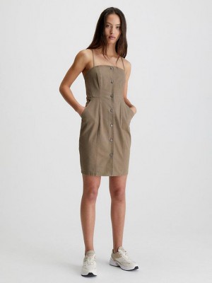 Grey Calvin Klein Cotton Canvas Button-Through Women Dress | MRCZ-73240