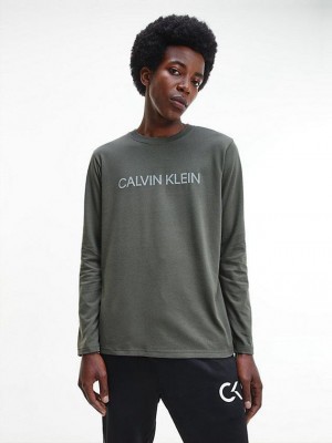 Grey Calvin Klein Long Sleeve Logo Gym Men T-Shirt | PIJU-64089