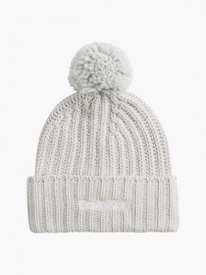 Grey Calvin Klein Organic Cotton Blend Pom-Pom Women Beanie | QDJM-61523