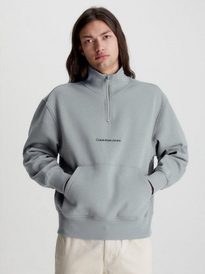 Grey Calvin Klein Relaxed Zip Neck Men Sweatshirt | XYKE-53012