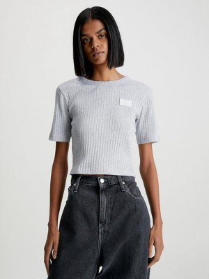 Grey Calvin Klein Slim Cropped Badge Women T-Shirt | FHDI-96431