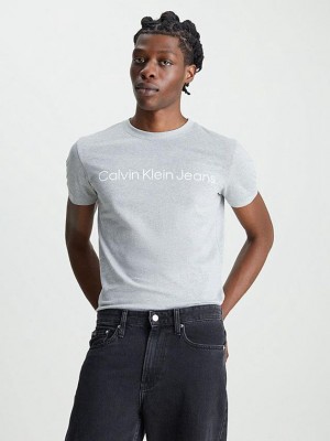 Grey Calvin Klein Slim Logo Men T-Shirt | ISWO-75039