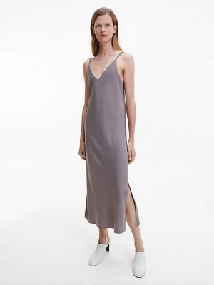 Grey Calvin Klein Slim Midi Slip Women Dress | LTZN-78490