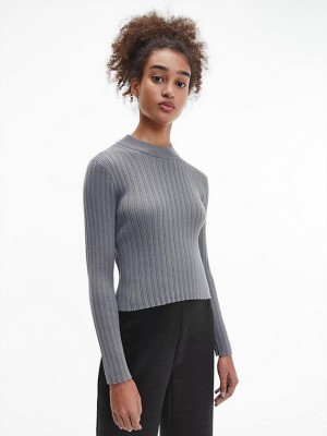 Grey Calvin Klein Slim Ribbed Cotton Jumper Women Sweater | PGYO-30916