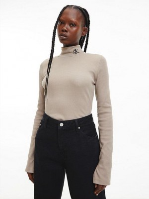 Grey Calvin Klein Slim Ribbed Mock Neck Women Top | CHUK-23659