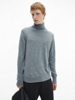 Grey Calvin Klein Slim Superior Wool Turtleneck Jumper Men Sweater | OZVY-16025