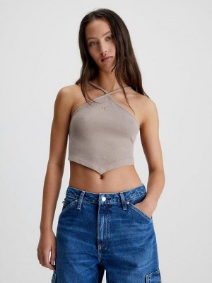 Grey Calvin Klein Waffle Cotton Halter Neck Women Top | UIWN-83416