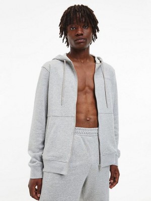 Grey Calvin Klein Zip Up Logo Men Hoodie | QPXS-19503