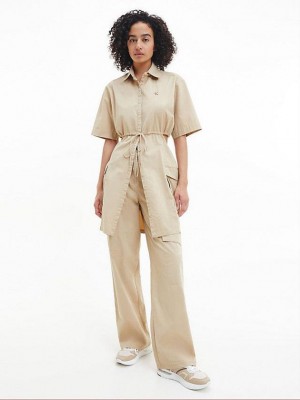 Khaki Calvin Klein Cotton Twill Cut Out Shirt Women Dress | MZDK-79062