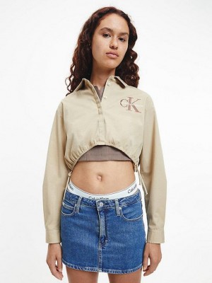 Khaki Calvin Klein Cropped Cotton Twill Shirt Women Top | DLNI-70836