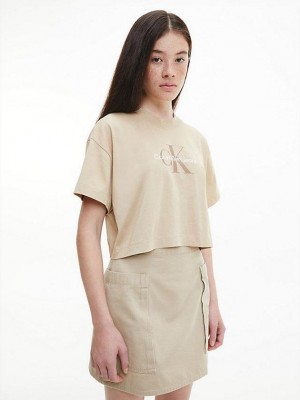 Khaki Calvin Klein Cropped Monogram Women T-Shirt | HPJC-14257