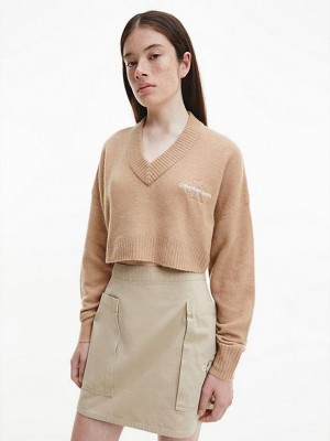 Khaki Calvin Klein Cropped V-Neck Jumper Women Sweater | LEYC-39647