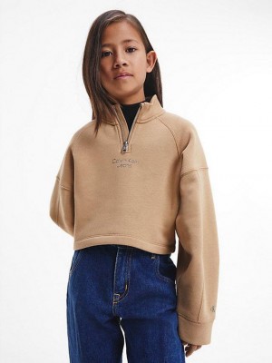 Khaki Calvin Klein Cropped Zip Girls's Sweatshirt | NFZU-36784