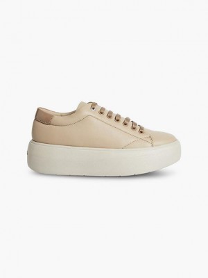 Khaki Calvin Klein Leather Bubble Platform Women Sneakers | LBGV-34501