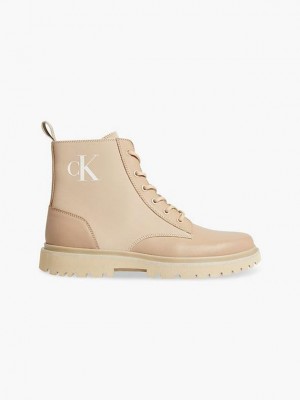 Khaki Calvin Klein Leather Lug Sole Men Boots | THVP-76239