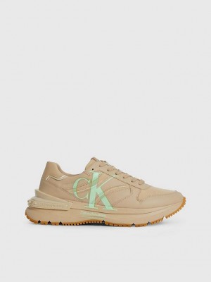 Khaki Calvin Klein Leather Men Sneakers | VHCS-45832