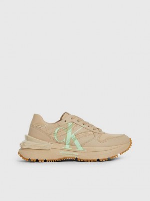 Khaki Calvin Klein Leather Women Sneakers | TPNG-58429