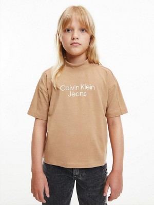 Khaki Calvin Klein Logo Girls's T-Shirt | TPWC-05719
