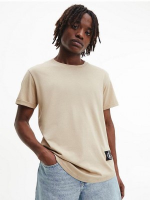 Khaki Calvin Klein Organic Cotton Badge Men T-Shirt | EMBZ-10529