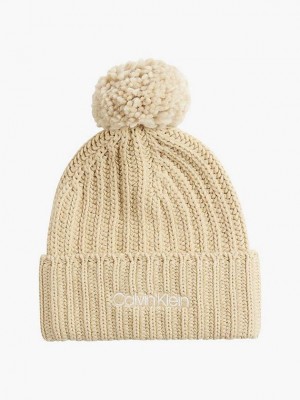 Khaki Calvin Klein Organic Cotton Blend Pom-Pom Women Beanie | TPCX-36875