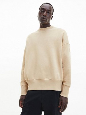 Khaki Calvin Klein Organic Cotton Terry Men Sweatshirt | SOQU-74592