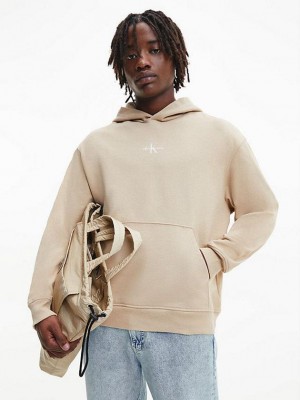 Khaki Calvin Klein Oversized Back Logo Men Hoodie | UMAW-04589