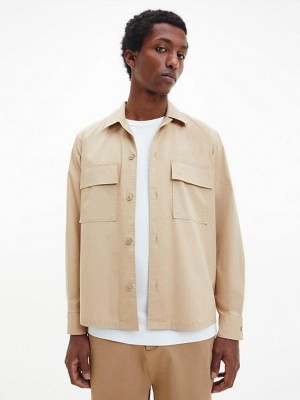 Khaki Calvin Klein Poplin Stretch Boxy Men Shirts | ILYM-78306