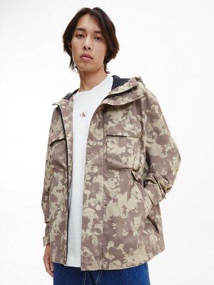 Khaki Calvin Klein Recycled Polyester Hooded Windbreaker Men Jacket | JQLO-36197
