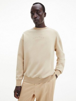 Khaki Calvin Klein Relaxed Organic Cotton Men Sweatshirt | KLSM-57290