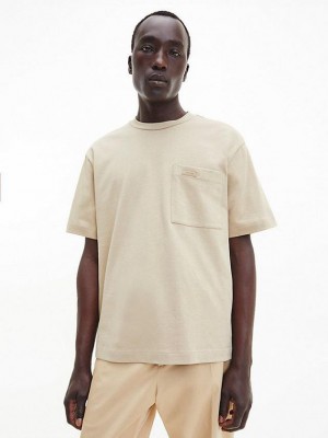 Khaki Calvin Klein Relaxed Organic Cotton Pocket Men T-Shirt | EPXK-68970