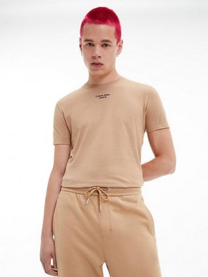Khaki Calvin Klein Slim Organic Cotton Men T-Shirt | IQUF-71082